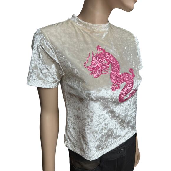 NWT Lazy Oaf Dragon T-Shirt with Pink Dragon Embroidered on a Cream Velvet Sz M - Picture 2 of 7